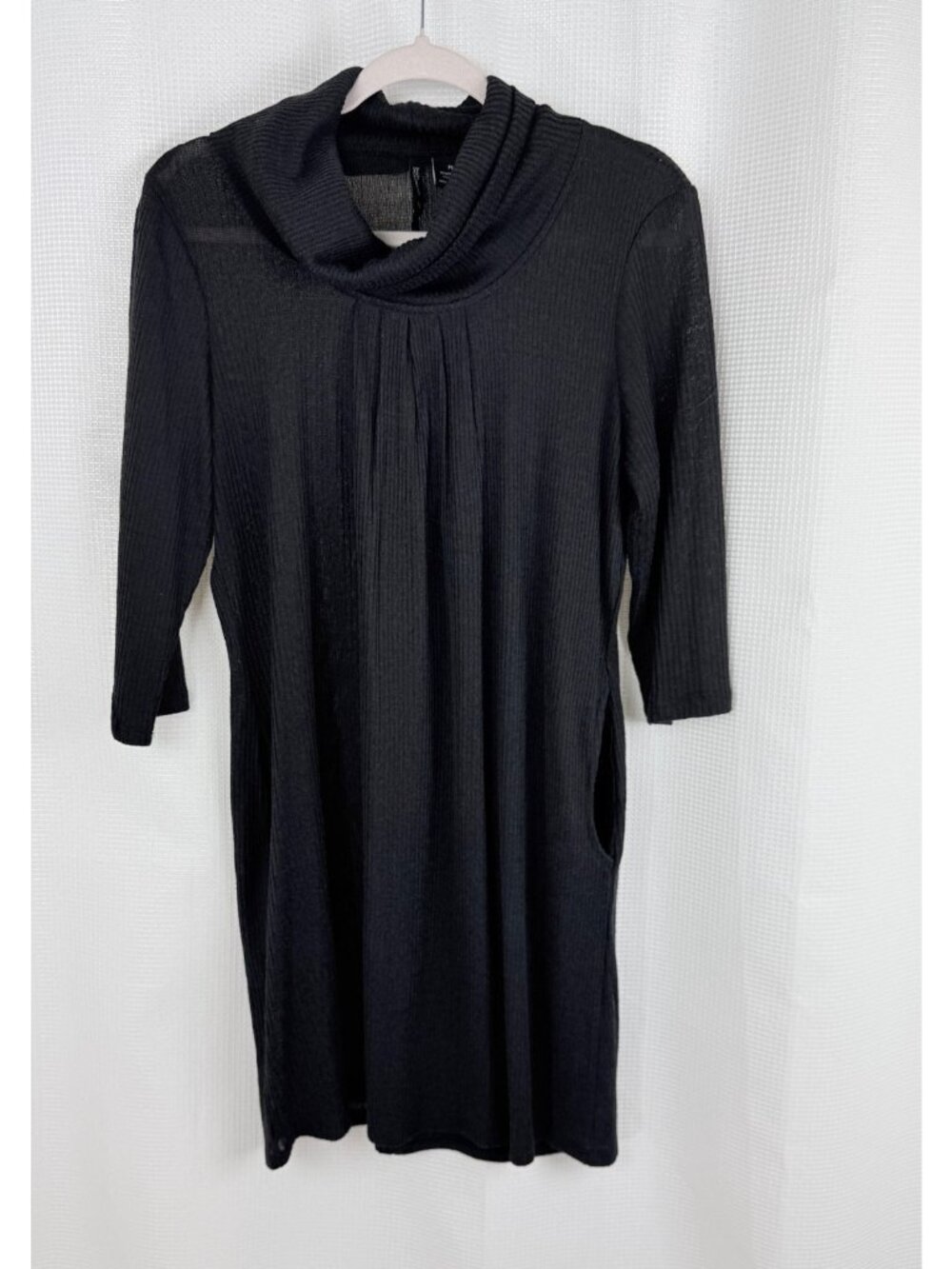 New Directions Petite Womens Dress PL Black Ribbed Cowl Neck 3/4 Sleeve Pockets